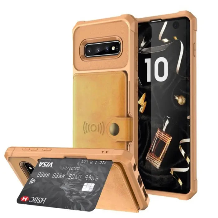 Gold leather wallet case with luxury finish, magnetic flap, and kickstand card slot for S10 phones.