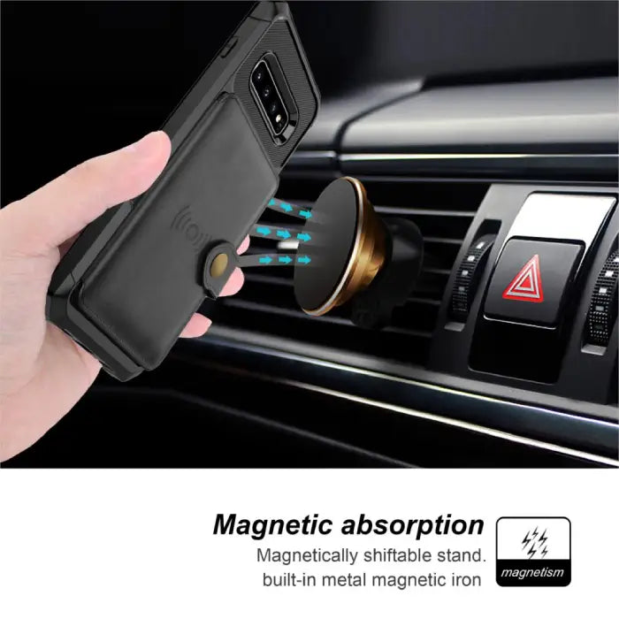 Leather wallet case with magnetic function shown attaching to car mount for hands-free phone use.