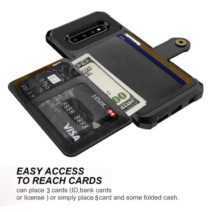 Open leather wallet case showing slots for cards and folded cash, ideal for travel and daily use.