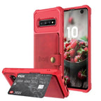 Red leather wallet case with slim profile, card slot, and integrated stand for Galaxy smartphones.