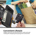 Leather wallet case used while paying at checkout, showing its practical design for shopping convenience.