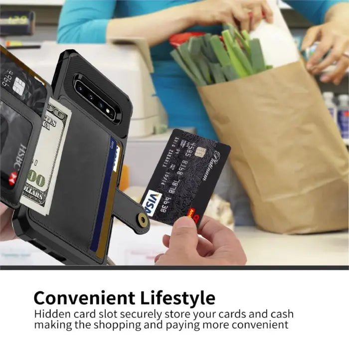 Leather wallet case used while paying at checkout, showing its practical design for shopping convenience.