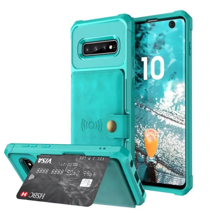Teal leather wallet case featuring stand function, cardholder, and shock-absorbing frame for phones.