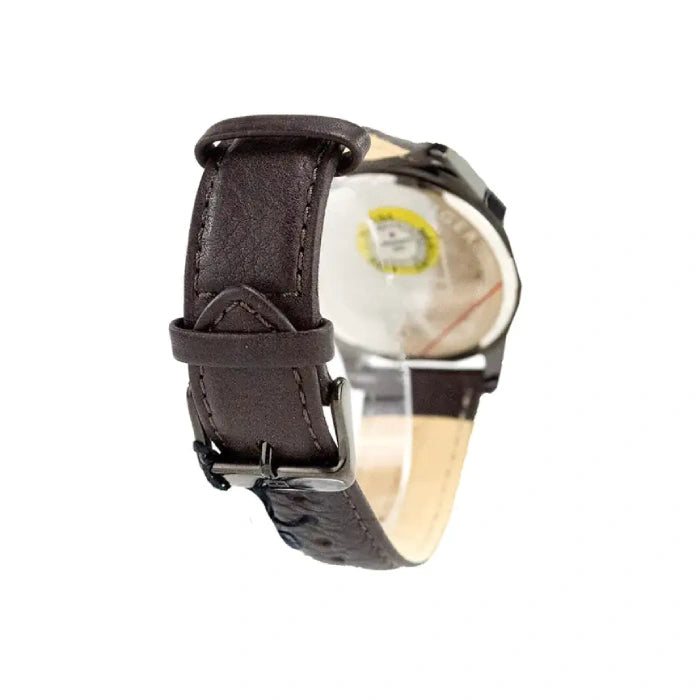 Tommy Hilfiger watch showing brown leather band construction, metal buckle closure and strap keeper design