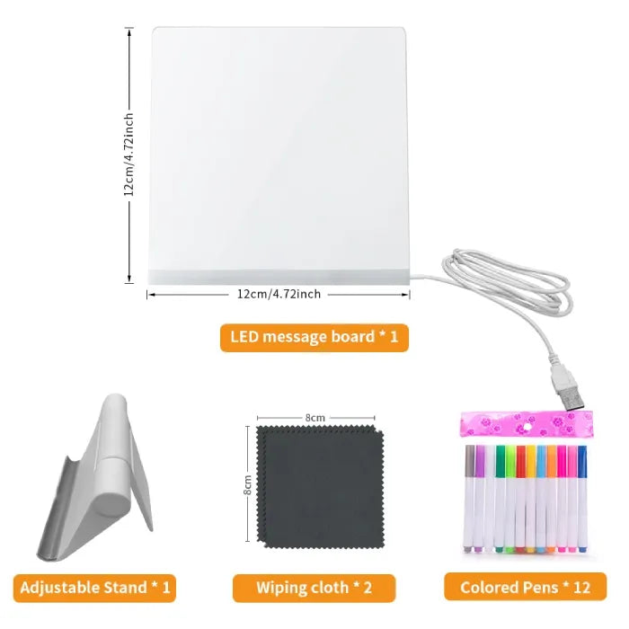 LED acrylic drawing board set including adjustable stand, cloths, and colorful pens, providing a complete creative light-up art kit.