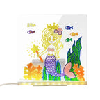 LED acrylic drawing board displaying detailed mermaid artwork with glowing underwater colors, ideal for kids’ creative light panel fun.