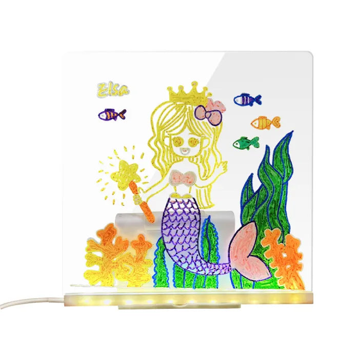 LED acrylic drawing board displaying detailed mermaid artwork with glowing underwater colors, ideal for kids’ creative light panel fun.