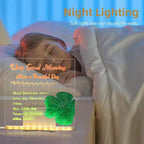 LED acrylic drawing board glowing with a Good Morning message and clover design beside a child, creating a gentle inspirational nightlight.