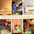 LED acrylic drawing board shown in multiple glowing designs, highlighting its multifunction luminous features for art, décor, and gifting.