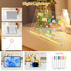LED acrylic drawing board with Christmas artwork shown with stand views and device-holder functions, highlighting a multifunction glowing design.