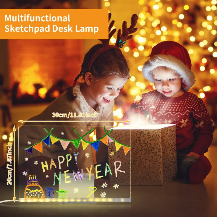LED acrylic drawing board displaying a large Happy New Year design as children open gifts, creating a festive and glowing creative celebration.