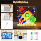 LED acrylic drawing board showing bright rocket and planet artwork with glowing stars, creating an engaging space-themed light-up art display.