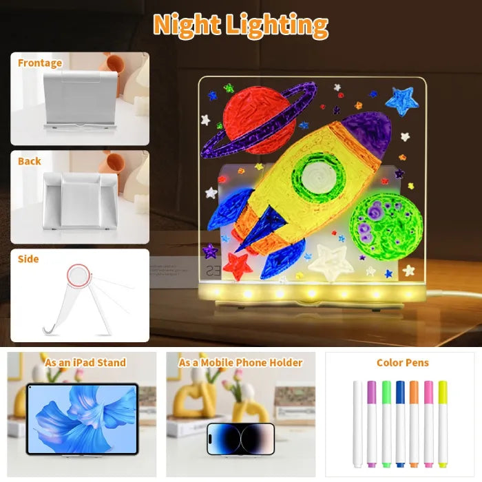 LED acrylic drawing board showing bright rocket and planet artwork with glowing stars, creating an engaging space-themed light-up art display.