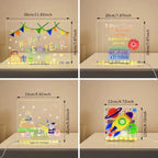 LED acrylic drawing board set showing multiple glowing designs in various sizes, offering versatile creative and decorative lighting options.