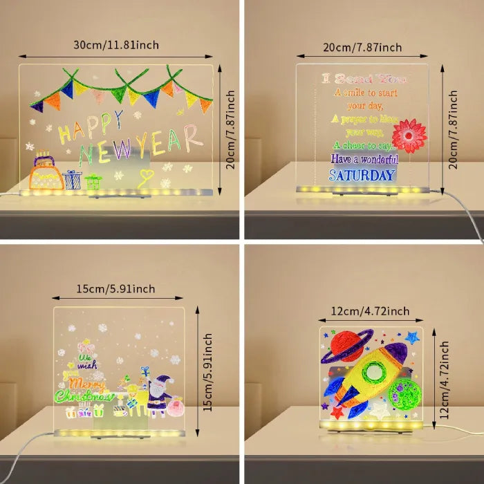 LED acrylic drawing board set showing multiple glowing designs in various sizes, offering versatile creative and decorative lighting options.