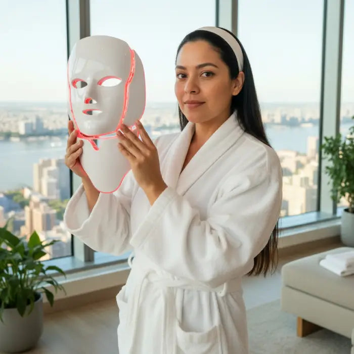 LED Beauty Mask held close by woman in white robe with panoramic city view.