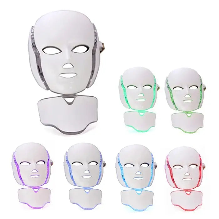 LED Beauty Mask set in seven light color variations including red, green, purple, and blue.