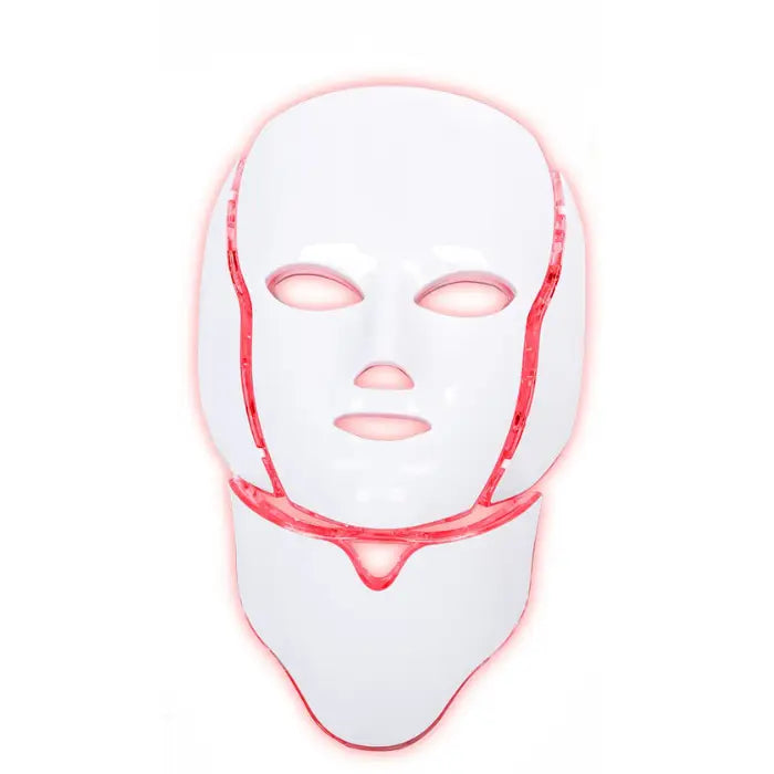 LED Beauty Mask with red light activated showing full face and neck coverage.