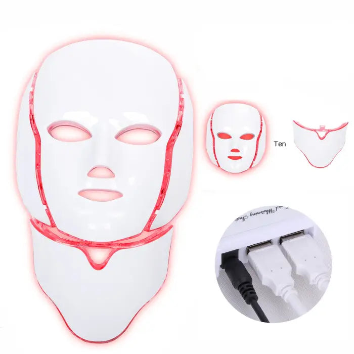 LED Beauty Mask with red light and close-up of USB port connection and detachable parts.