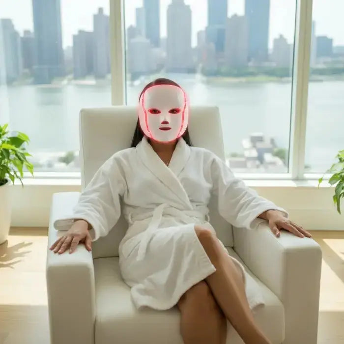 LED Beauty Mask worn by woman relaxing in a white chair with city view behind her.