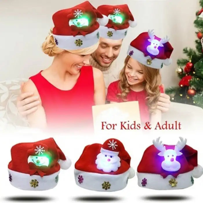 LED Christmas hat worn by happy family with glowing designs, perfect for kids and adults during holidays.