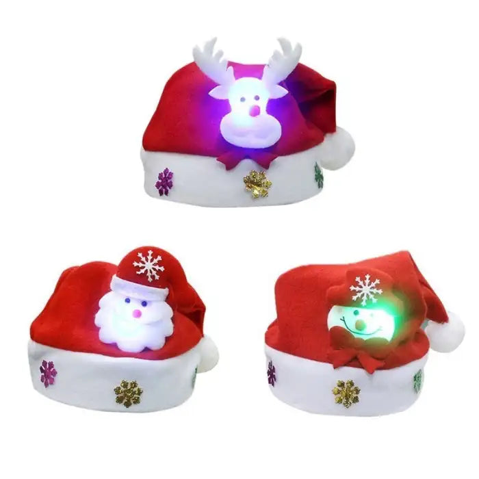 Set of LED Christmas hats with glowing Santa, reindeer, and snowman designs in red and white fleece.