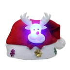 LED Christmas hat with bright reindeer face and snowflake accents, glowing in festive blue light.