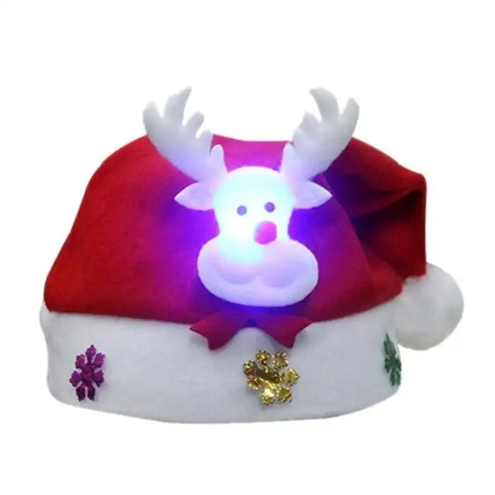LED Christmas hat with bright reindeer face and snowflake accents, glowing in festive blue light.