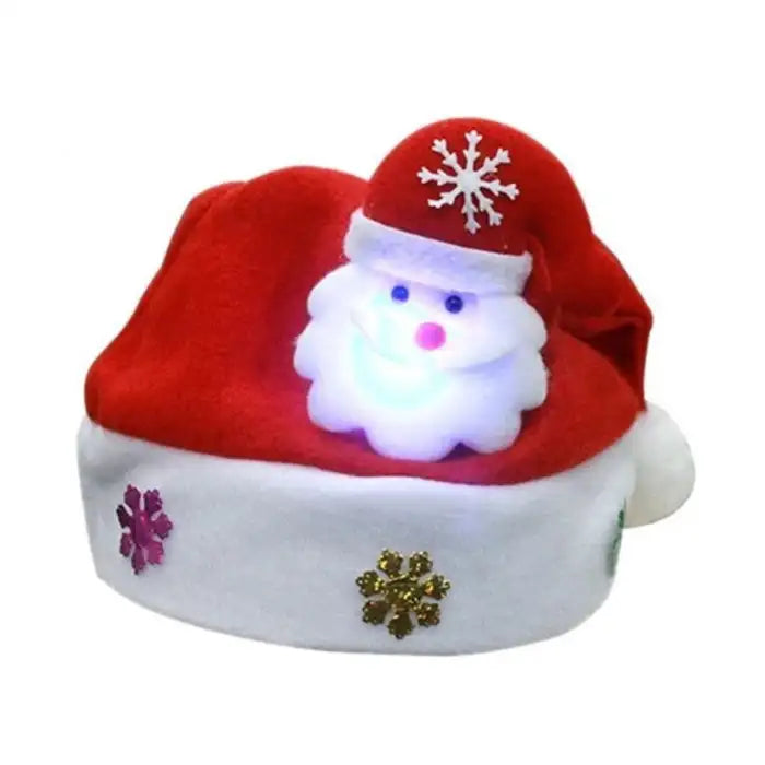 LED Christmas hat featuring glowing Santa Claus face, snowflake pattern, and colorful decorations.