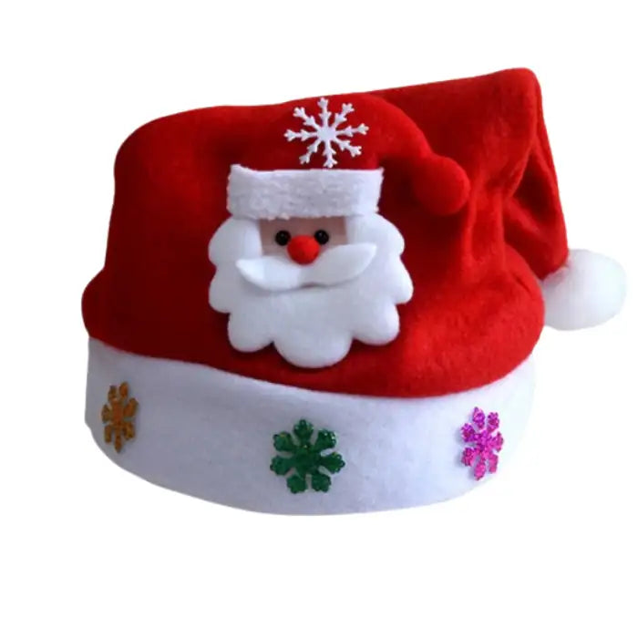 LED Christmas hat with soft Santa face and white beard, decorated with sparkly snowflakes and trim.