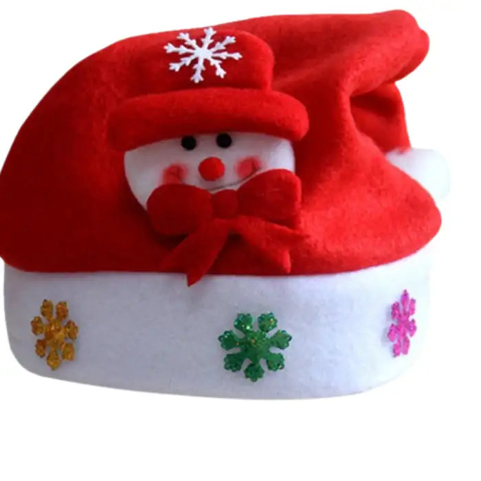 Non-lit LED Christmas hat with snowman face and snowflake trim, ideal for festive winter wear.