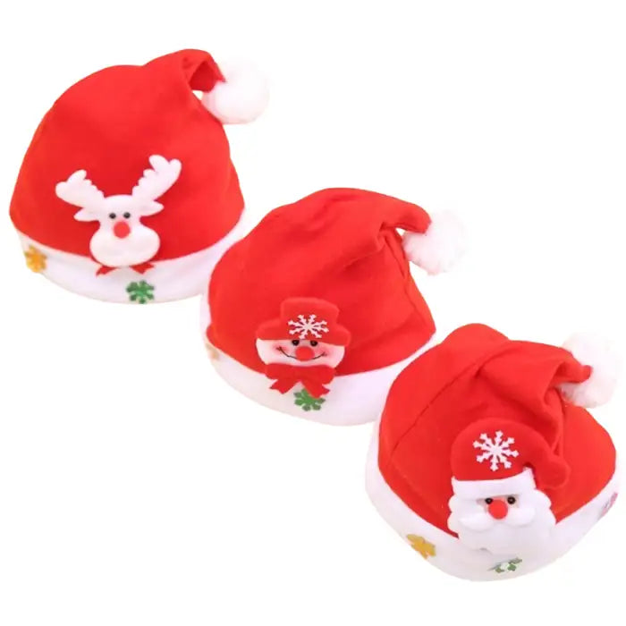 Trio of LED Christmas hats with reindeer, snowman, and Santa faces, ideal for group celebrations.