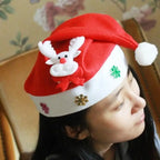 LED Christmas hat with glowing reindeer worn by woman, featuring snowflakes and festive colors.