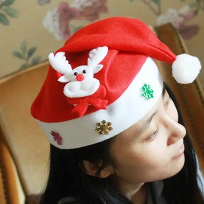 LED Christmas hat with glowing reindeer worn by woman, featuring snowflakes and festive colors.