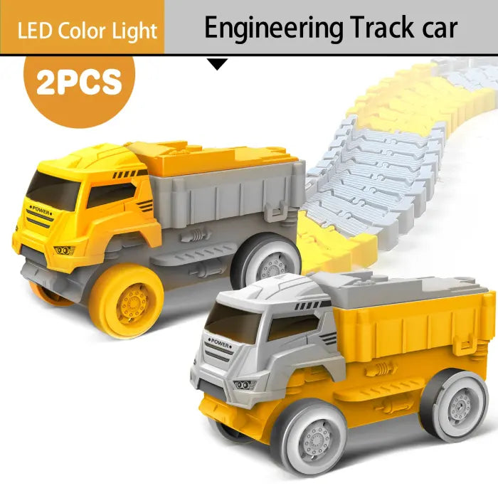 Two LED dump trucks in yellow and gray, designed for use with a race track set.