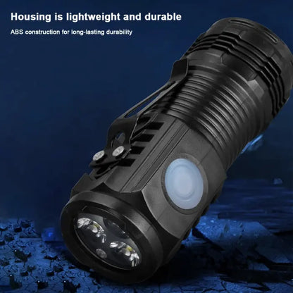 Close-up view of a compact LED flashlight emitting a powerful bright beam.