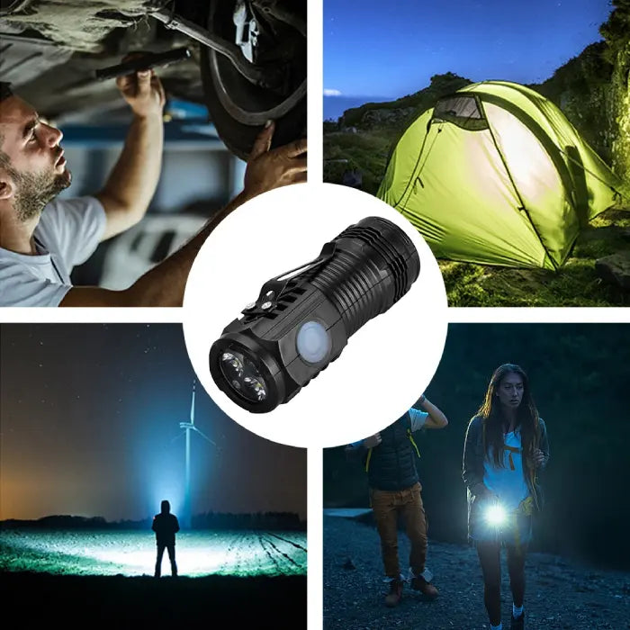 Black LED flashlight projecting a powerful beam in a dark outdoor setting.