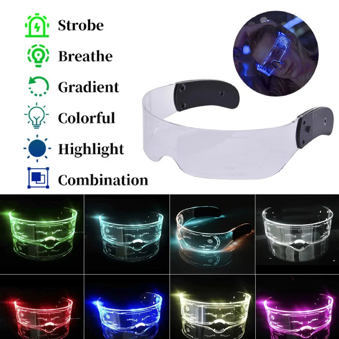 Clear LED glasses with various lighting modes, including strobe and gradient, displayed in multiple colors.