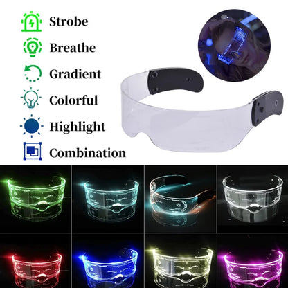 Clear LED glasses with various lighting modes, including strobe and gradient, displayed in multiple colors.