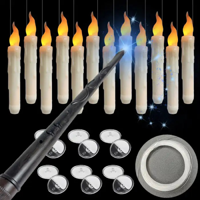 LED Halloween Candle Set with wand, suction cups, and hanging wire for floating effect display. 