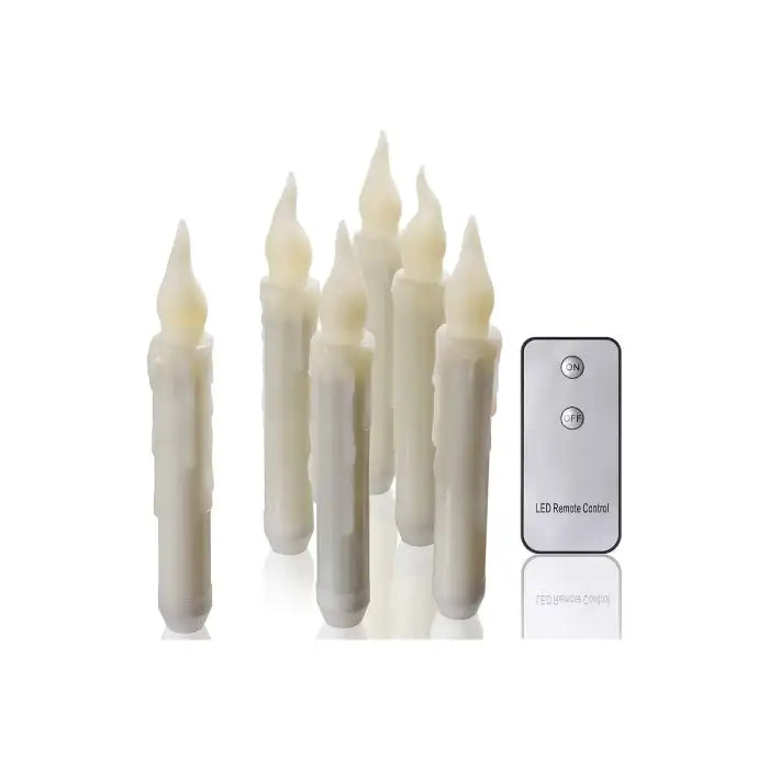 LED Halloween Candle Set with remote control and six flameless ivory taper candles.