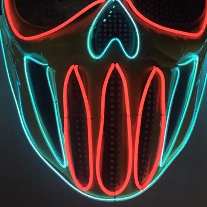 LED Halloween Mask close-up showing glowing red and blue neon accents on the lower mouth area.