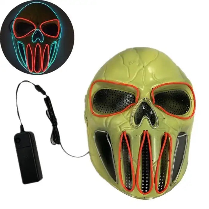 LED Halloween Mask shown powered off and on, with yellow skull and red neon design highlights.