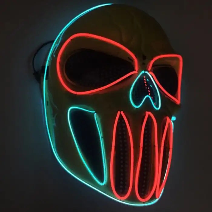 LED Halloween Mask with red and blue glow lighting up in the dark with skull design and neon effect.