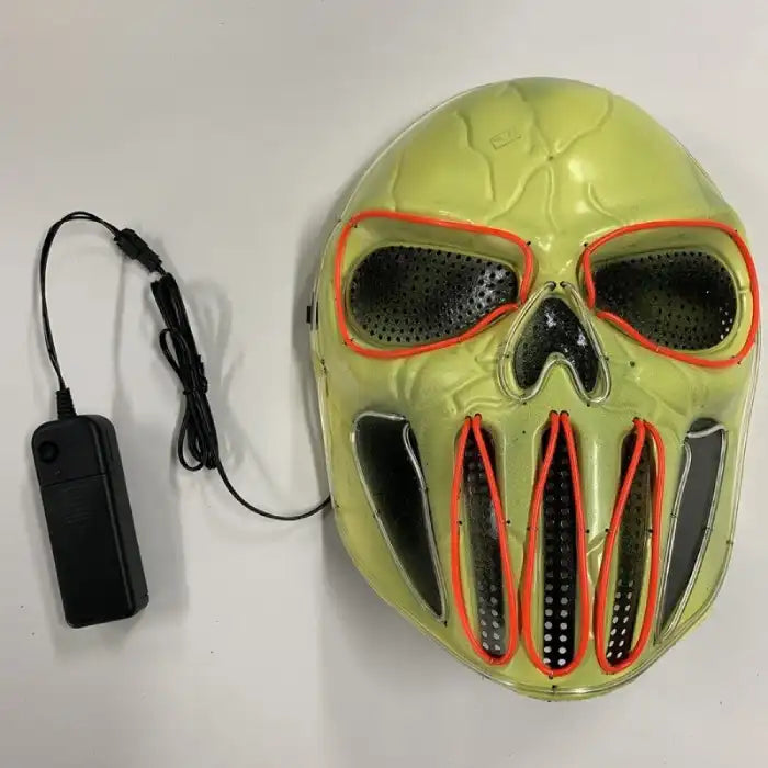 LED Halloween Mask with red neon wiring, yellow skull face, and battery power unit shown unplugged.