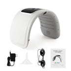 LED light therapy device with included accessories such as goggles, charger, and funnel.