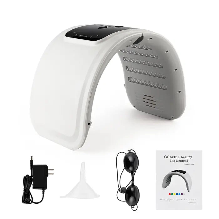 LED light therapy device with included accessories such as goggles, charger, and funnel.