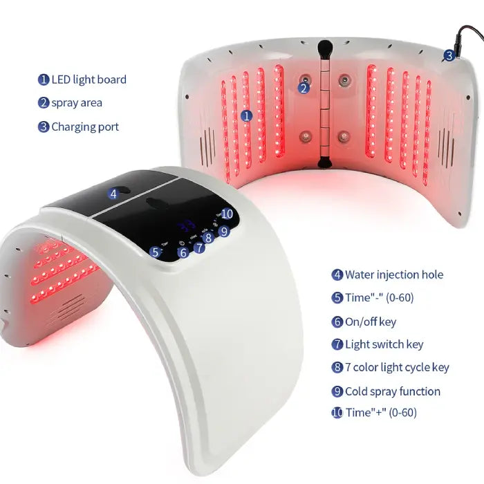 LED light therapy device showing red light mode and labeled control buttons.