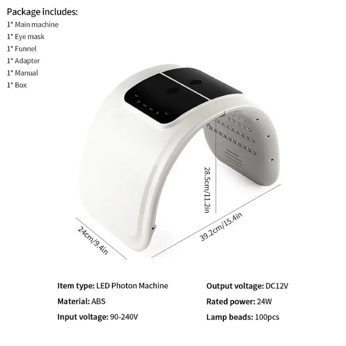 LED light therapy device dimensions and package contents with measurement labels.