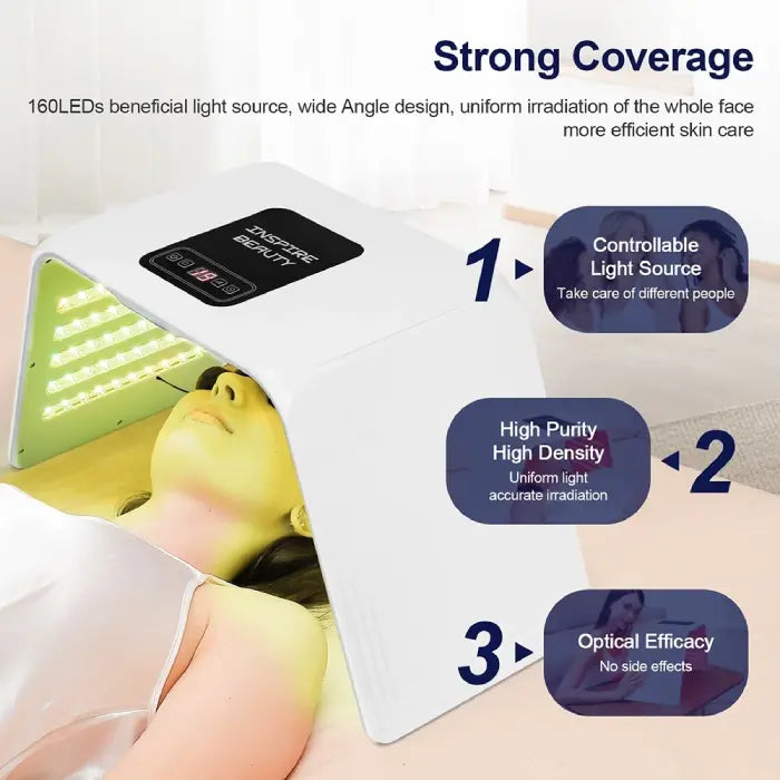 LED light therapy device providing strong face coverage with controllable light source.